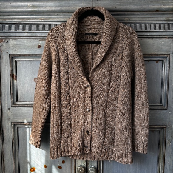 Jenni Kayne Taupe Cable Knit Shawl Collar Wool Cardigan Size S - Picture 2 of 11